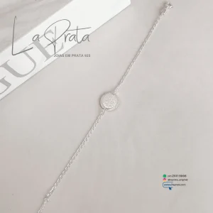 Pulseira em prata 925 17cm com entremeio medalha São Bento desenhada 15mm