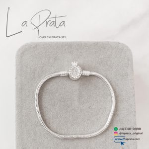 Pulseira para berloques toda em prata 925 com fecho coroa cravejada